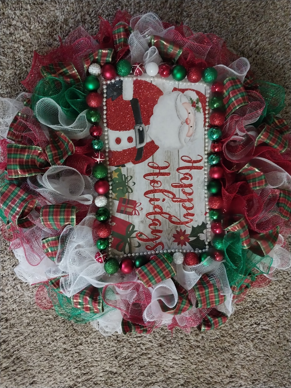 Holiday Santa Mesh and Ribbon 25" Wreath. Red, Green & White